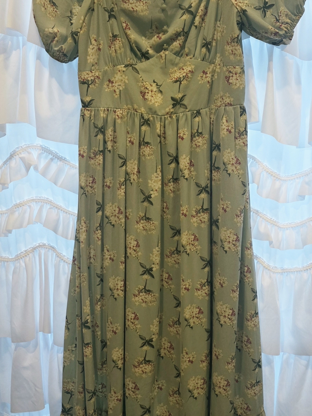 Girls' Sage Green Floral Puff-Sleeve Dress